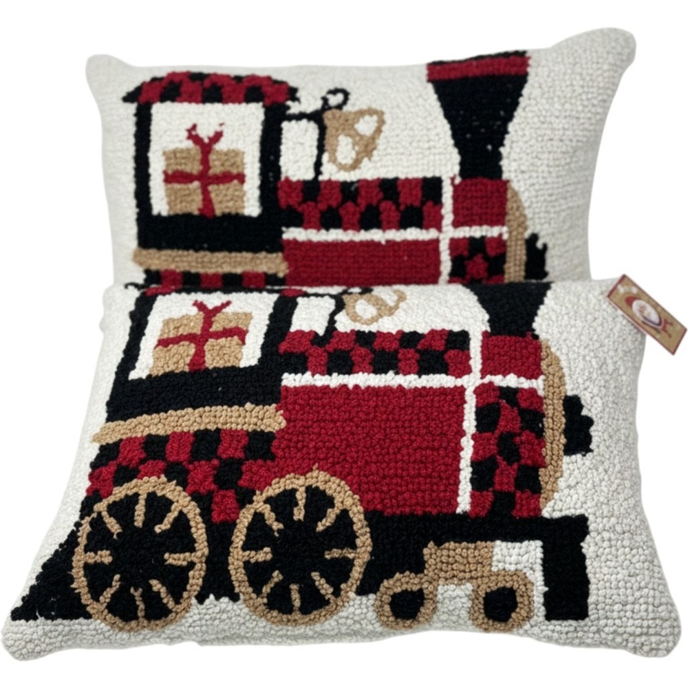 Merry Way Christmas Hooked Train Decorative Pillows Set of 2 Red Black 14x20